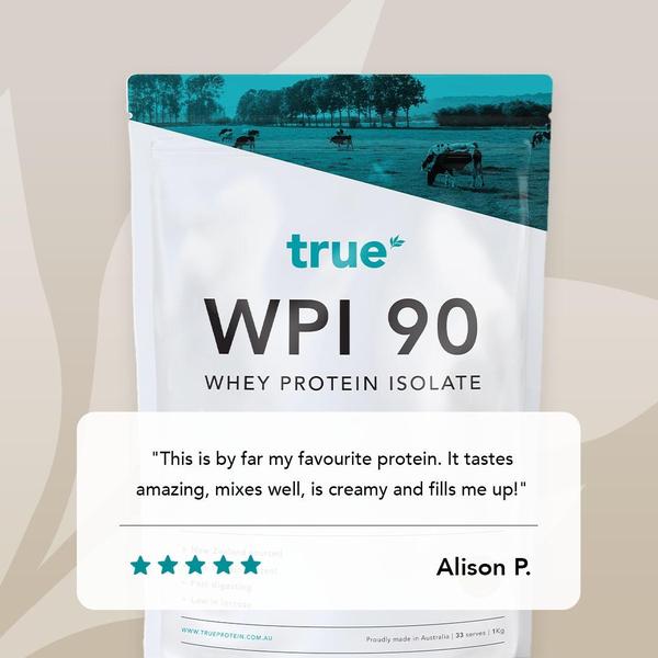 A square ad creative featuring a product packaging mockup overlaid with a customer review quote, five-star rating, and pastoral imagery.